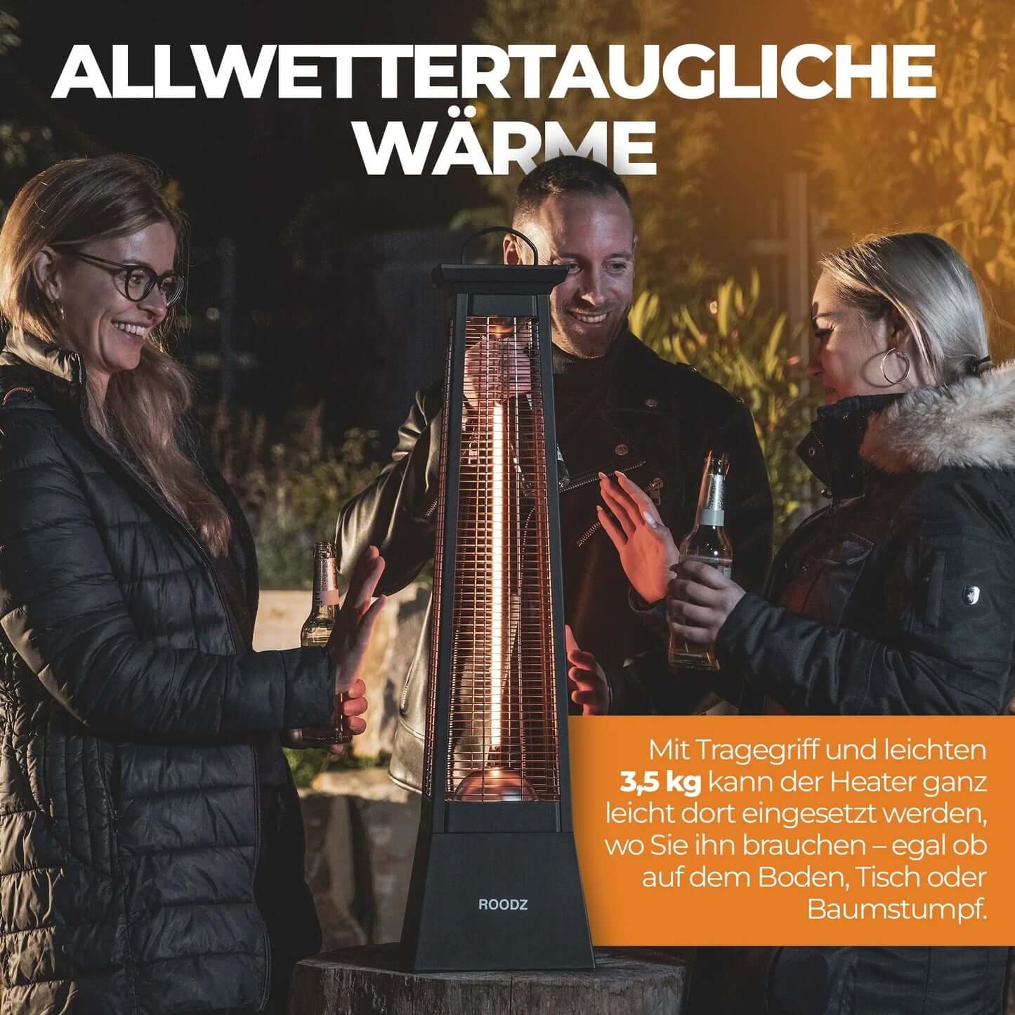 ROODZ Heizstrahler Terrasse, Infrarot Heizstrahler, 2000 Watt, 360° Wärmeabgabe, Regensicher, Designer Wärmestrahler, Terrassenheizstrahler - Roodz